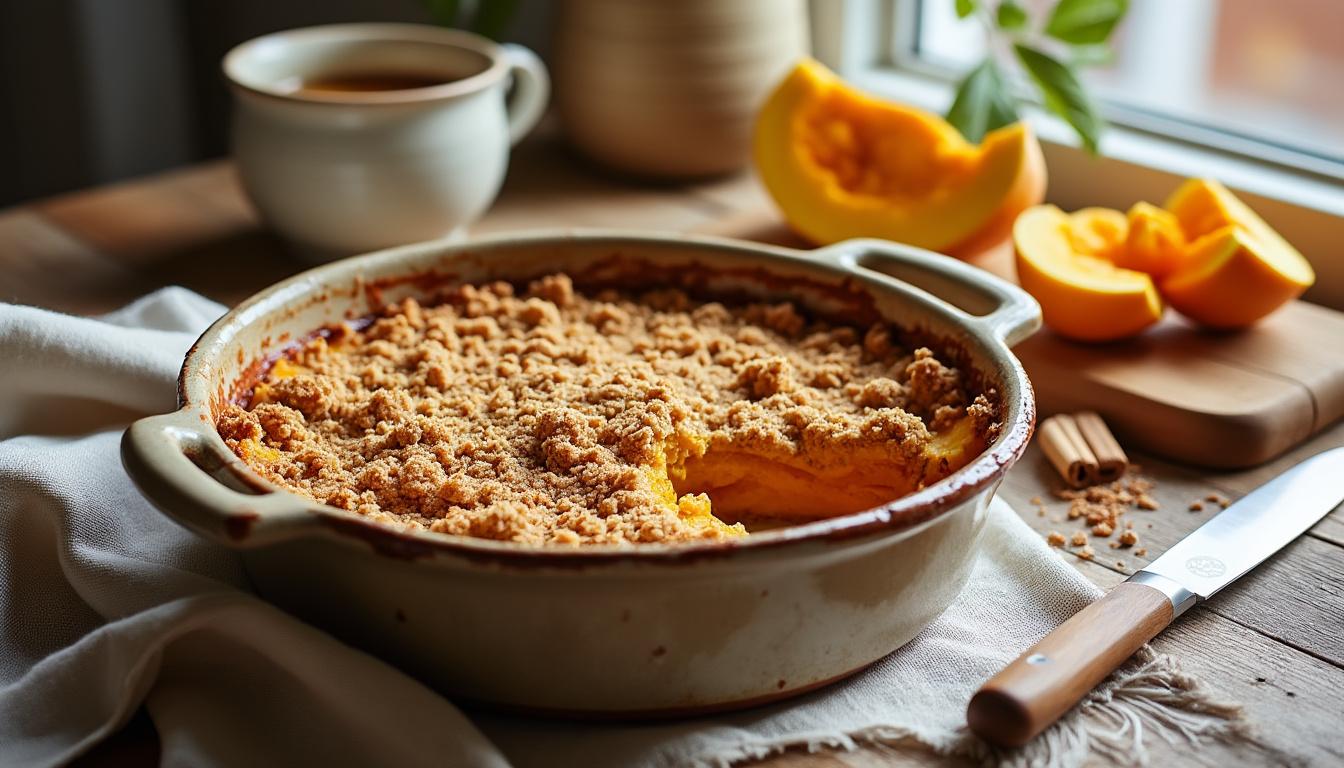 découvrez la recette gourmande du crumble de butternut par le chef pierre-jean carton, une façon délicieuse et ludique de faire aimer les légumes aux enfants.