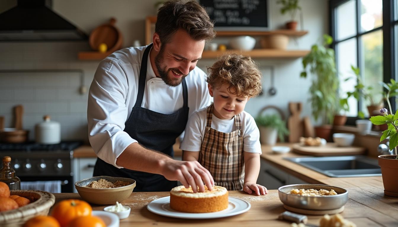 découvrez norbert tarayre en cuisine avec son fils de 5 ans, partageant leur recette gourmande de gâteau de semoule, un moment convivial et délicieux en famille.
