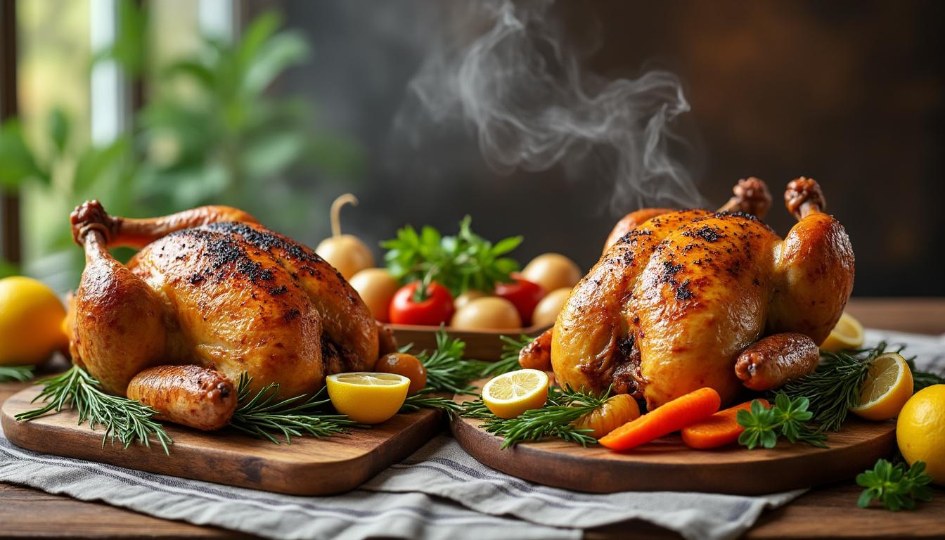découvrez deux recettes gourmandes et faciles de poulet rôti au four, parfaites pour un dimanche savoureux en famille ou entre amis.